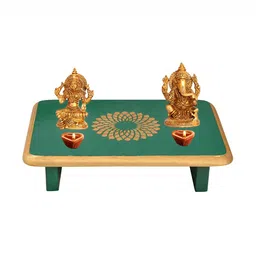 Lal Haveli Green & Beige Floral Printed Rectangle Wooden Pooja Chowkie-image-100