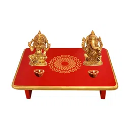 Lal Haveli Green & Gold Toned Floral Printed Rectangle Wooden Pooja Chowkie-image-45