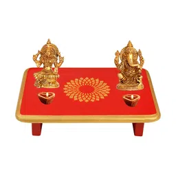 Lal Haveli Red & Beige Floral Printed Rectangle Wooden Pooja Chowkie-picture-2