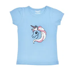 FUNKRAFTS Girls Blue Unicorn Sequinned Round Neck Cotton T-shirt-image-46