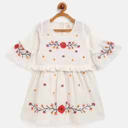 SCOUP Girls Off-White & Coral Red Floral Embroidered Cotton Fit & Flare Dress-image-71