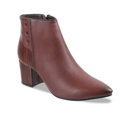 Mochi Women Mid Top Pointed Toe Textured Block Heel Regular Boots-17