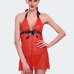 Fleurt Red & Black Solid Baby Doll with Thongs-picture-22