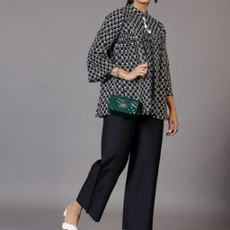 Libas Black Floral Printed Mandarin Collar Flared Sleeves Pure Cotton Empire Kurti-16