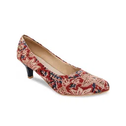 Kanvas Brown Printed Ethnic Kitten Pumps-45