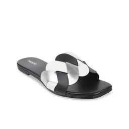 Mochi Women Black Woven Design Open Toe Flats-13