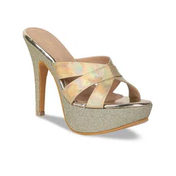 VALIOSAA Gold-Toned Textured Party Platform Sandals 5 Inch Heels-8