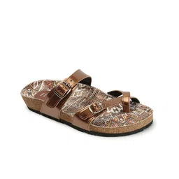 ELLE Printed Leather Open Toe Flats With Buckles-6