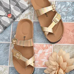 BRISKERS Gold-Toned & Brown Comfort Heels with Buckles-10