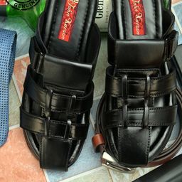 John Karsun Men Black Leather Comfort Sandals-image-41