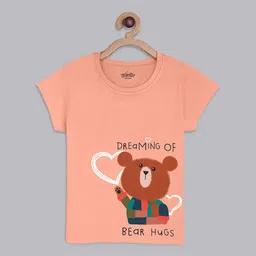 Kids Ville Girls Peach-Colored & Brown Printed Pure Cotton T-shirt-image-46