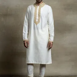 Tasva Men Off White Embroidered Kurta with Churidar-picture-47