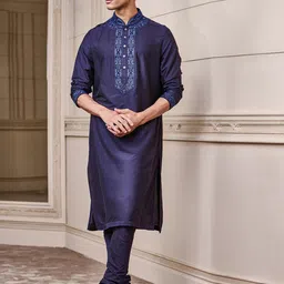 Tasva Men Navy Blue Ethnic Motifs Embroidered Yoke Design Kurta with Churidar-image-41