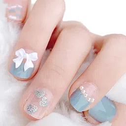 Secret Lives 24 Pcs 3D Bow & Pearls False Nails with Manicure Kit - Bluish Grey-38