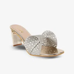 AXIUM Textured Open Toe Block Heels With Bows image 4