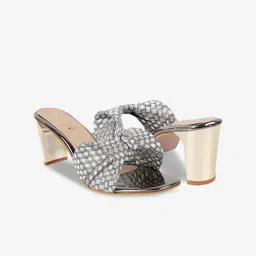 AXIUM Textured Open Toe Block Heels With Bows image 5