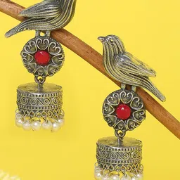OOMPH Silver-Plated Stone-Studded & Beaded Oxidised Contemporary Jhumkas Earrings-14