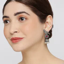 OOMPH Silver-Plated Stone-Studded & Beaded Oxidised Contemporary Jhumkas Earrings image 3