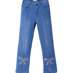 ARIAS By LARA DUTTA Girls Mid-Rise Jeans With Front Slit and Rhinestone Bow Detailing-image-16