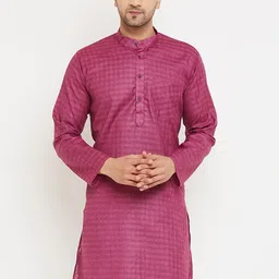 Armaan Ethnic Checked Band Collar Straight Cotton Kurta-image-85