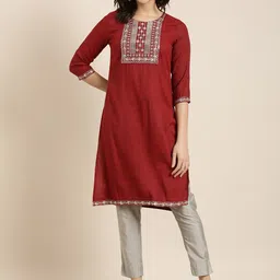SHOWOFF Round Neck Yoke Design Thread Work Cotton Pastels Kurta-picture-17