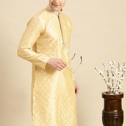 Sanwara Men Beige Floral Thread Work Pastels Kurta-14