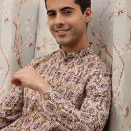 Sanwara Men Yellow & Brown Ethnic Motifs Printed Cotton Kurta-picture-12