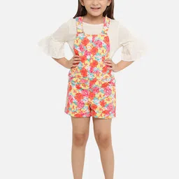 Nauti Nati Girls Cotton White & Multi Floral Printed Dungaree Set-image-72