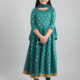 AURELIA Girls Green Ethnic Motifs Kurta with Churidar & With Dupatta-image-64