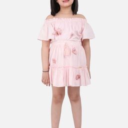 One Friday Girls Pink Solid Above Knee Pure Cotton Flared Skirt With Applique Detail-image-21