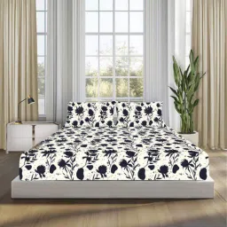 sleepsia Black and White Blooms 100% Cotton Queen Double Bedsheet 180 TC with 2 Pillow Covers-picture-21