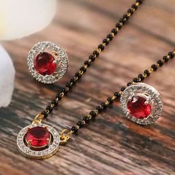 Jewar Mandi Silver Gold-Plated CZ-Studded & Beaded Mangalsutra with Earrings-image-76