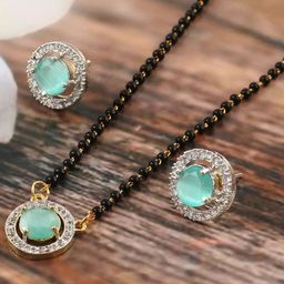 Jewar Mandi Silver Gold-Plated CZ-Studded & Beaded Mangalsutra with Earrings-image-78