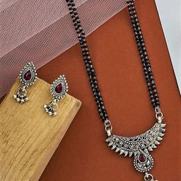 ATIBELLE Silver-Plated Stone-Studded & Black Beaded Mangalsutra With Earrings-94