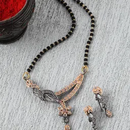 ZENEME Rose Gold-Plated Stones Studded & Beaded Mangalsutra With Earrings Set-8