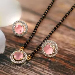 Jewar Mandi Silver Gold-Plated CZ Studded & Beaded Mangalsutra with Earrings-image-70