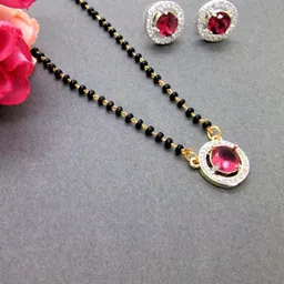 FEMMIBELLA Gold Plated AD Stone-Studded & Beaded Mangalsutra With Earrings-picture-1