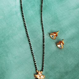 ABDESIGNS Gold-Plated Beaded & Kundan Polki Mangalsutra With Earrings Set-image-14