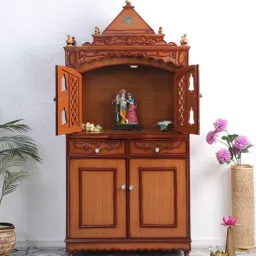dzyn furnitures Sacred Palace Large Floor Rested Pooja Mandap with Door (Teak Gold)-picture-13