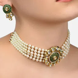 Zaveri Pearls Gold-Plated & White Kundan & Pearls Studded Multistrand Choker Jewellery Set-53