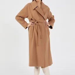 Fashion Gaiia WomenNotched Lapel Collar Front-Open Long Trench Coat With Belt-11