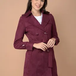 Crimsoune Club Women Wine Double-Breasted Overcoat With Belt-image-12