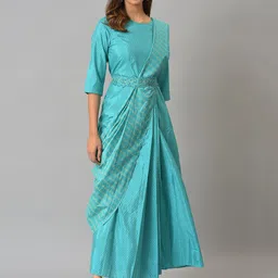 W Blue Printed Ethnic Maxi Dress with Belt-picture-31