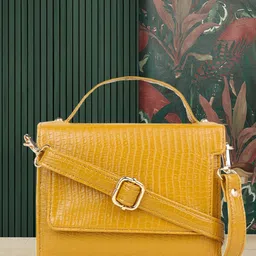 yelloe Yellow Textured Structured Sling Bag-7