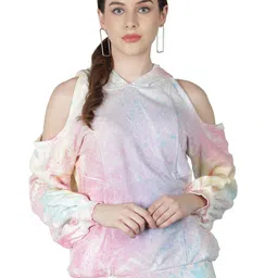 NUEVOSDAMAS Women Pink & Yellow Abstract Printed Cold shoulder Cotton Hooded Sweatshirt-16