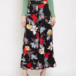 Camey Women Black & Red Floral Printed Flared Knitted Palazzos-image-16