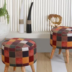 Shadowkart Maroon & Blue Printed Wooden & Velvet Round Ottoman-0