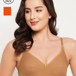 Clovia Pack of 2 Orange & Beige Solid Cotton Knitted Bra-41
