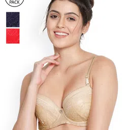 Susie Pack Of 3 Navy Blue & Beige& Red Floral Underwired Lightly Padded Anti Odour Bra-image-20