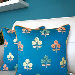 TARA- Sparkling Homes Blue & Yellow Set of 2 Embroidered Square Cushion Covers-25
